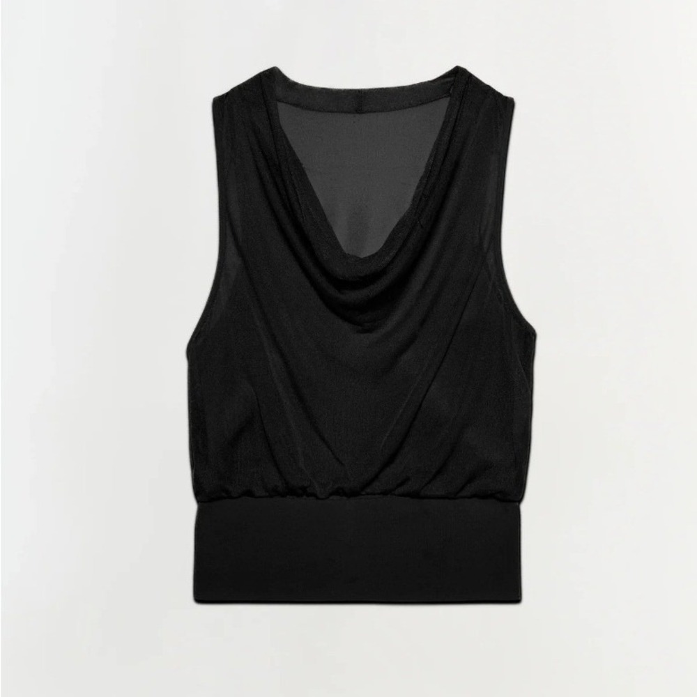 Simkhai Carmina Tank Top Black Mesh Cowl Neck Sleeveless Ribbed Waist Medium